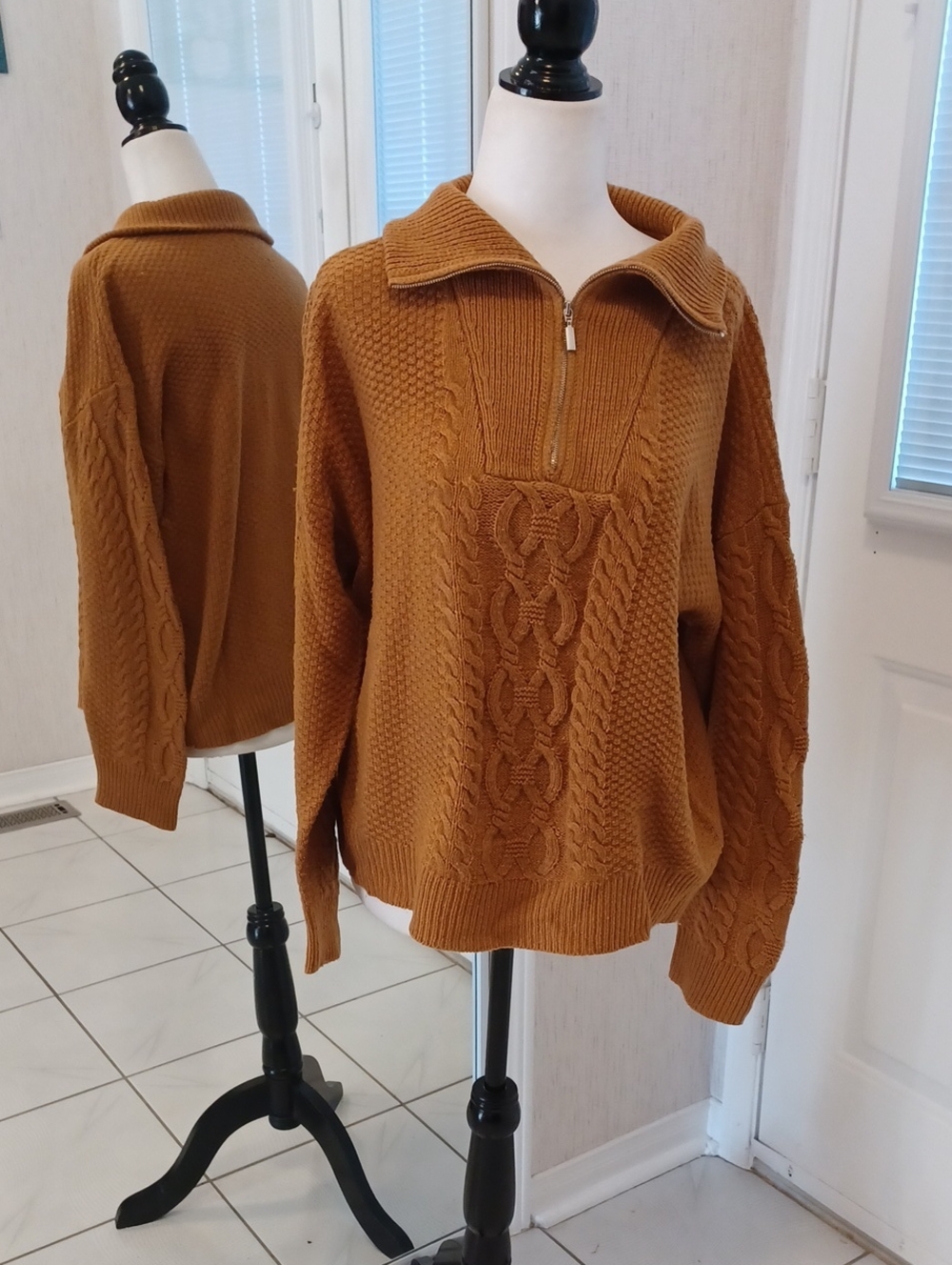 4/$80 Cozy Half-Zip Cable Knit Sweater In Camel - Size XL